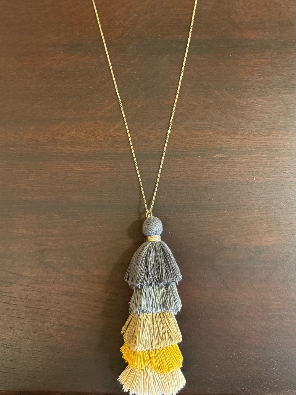 Boho Tiered Tassel Long Pendant Necklace Gray Gold Cream